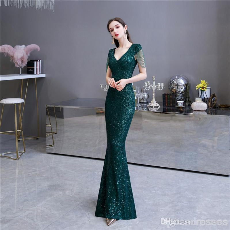 Green Mermaid Sequin V-neck Cap Sleeves Long Party Prom Dresses Online,12552