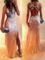 Sexy Backless Rinestone Beaded Side Slit Mermaid Long Evening Party Prom Dresses , PD0117