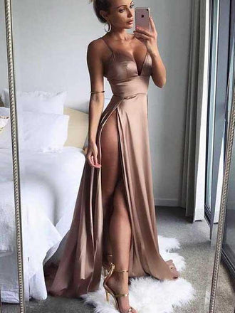 Simple Sexy Side Slit V Neck Affordable Long Evening Prom Dresses, 17457