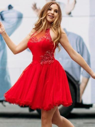 Bright Red Halter Tulle Φτηνές κοντομάντηρο φορέματα σε απευθείας σύνδεση, CM625
