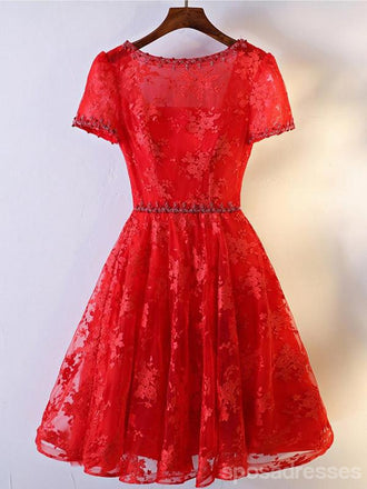 2017 Short Sleeve Red Lace Round Neckline Homecoming Prom Dresses, Affordable Corset Back Short Party Prom Dresses, Perfect Homecoming Dresses, CM249