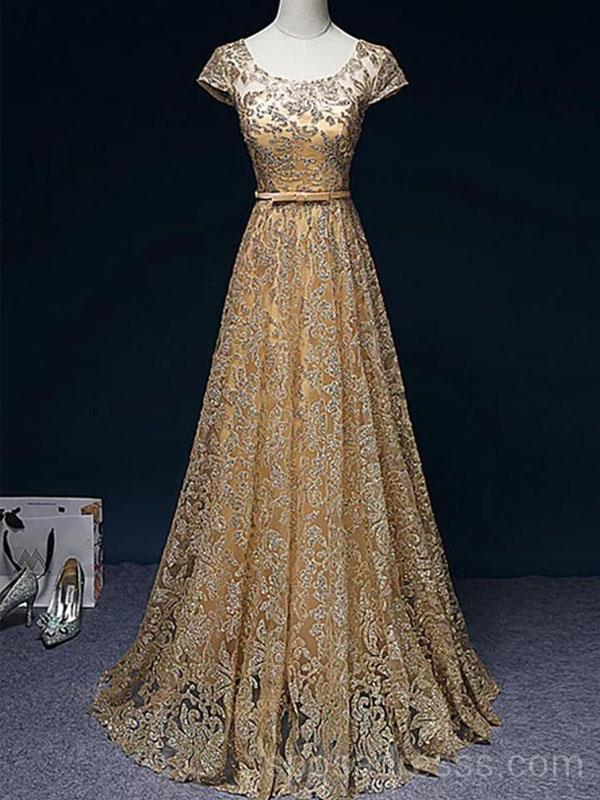 Sparkly Gold Κοντά μανίκια μακρά βραδινά φορέματα Prom, φθηνά Custom Sweet 16 φορέματα, 18541