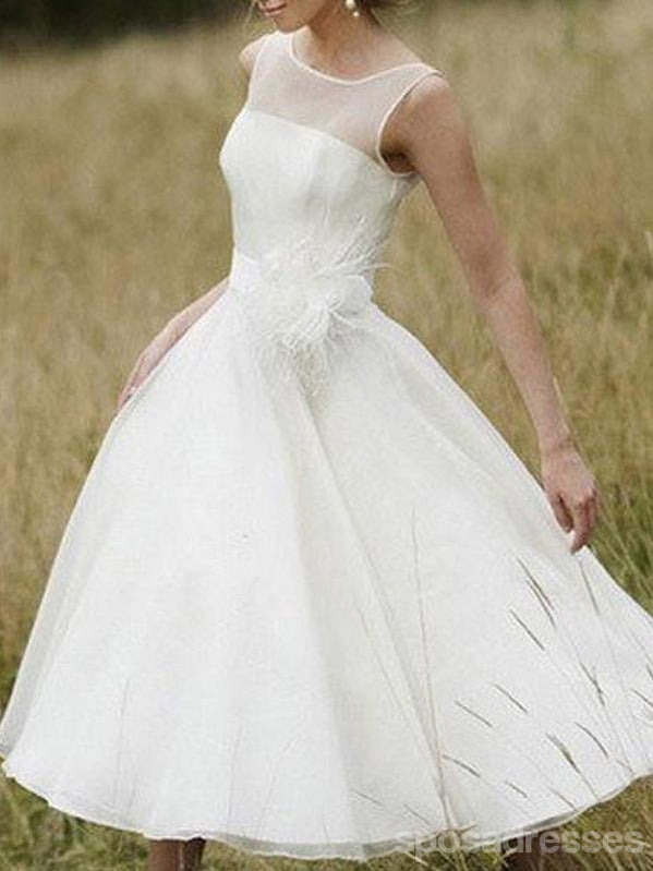 Robes de mariée courtes pas chères simples col illusion en ligne, WD365