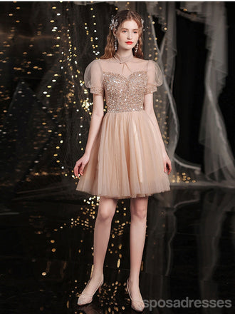 V Neck Dusty Pink Tulle Beaded Κοντά Homecoming Φορέματα Online, Φθηνά Κοντά Φορέματα Prom, CM845