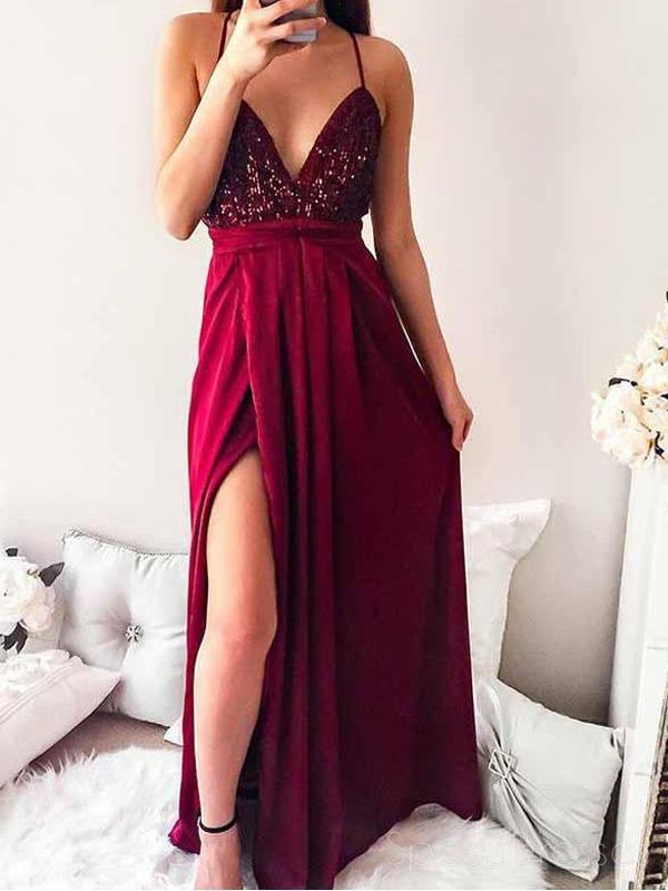 Sexy Backless Sequin Dark Red Cheap Long Evening Prom Dresses, Cheap Sweet 16 Vestidos, 18361