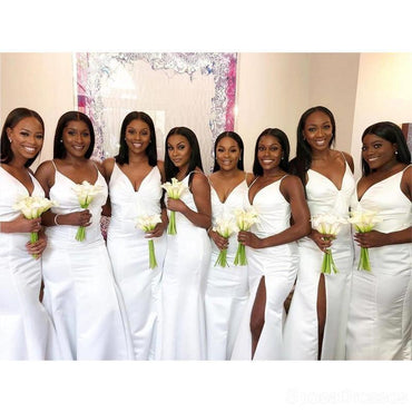 Spaghetti Straps White Side Slit Sereia Longa Barata Vestidos de Dama de Honra On-Line, WG651
