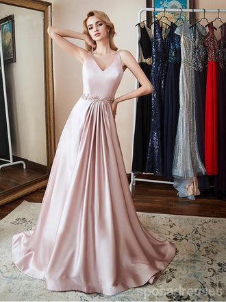 Simple A-line Pink Straps V-neck Long Party Prom Dresses Online,Dance Dresses,12557