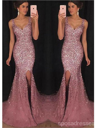 Sparkly Mermaid Dusty Rose Side Slit Cheap Long Prom Dresses Online,12623