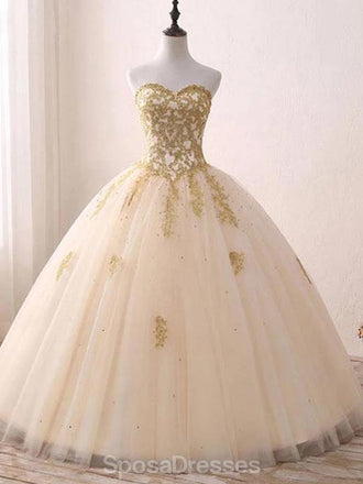 Sweetheart Gold Applique Ball Gown Long Evening Prom Dresses, Evening Party Prom Dresses, 12203