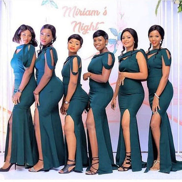 Sexy Teal Mermaid High Slit Cheap Long Bridesmaid Dresses,WG1390