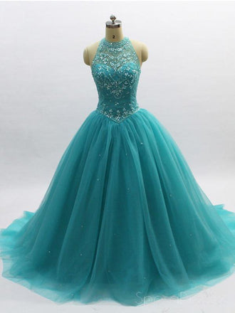 Bola de Vestido azul-Turquesa Halter Frisado de Uma linha Longa Noite, Vestidos de Baile Barato Sweet 16 Dresses, 18356