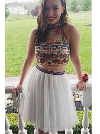 Sexy dos piezas blanco bordado barato homecoming vestidos en línea, baratos vestidos cortos de fiesta, CM744