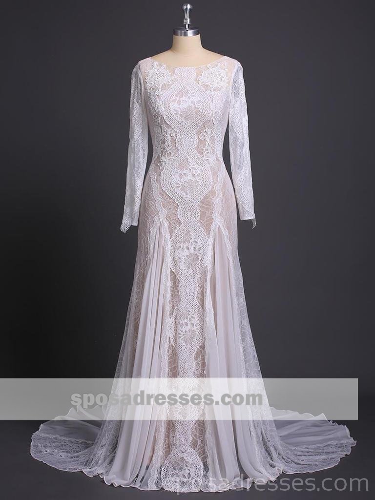 Mangas largas encaje sirena largo vestidos de novia en línea, vestidos de novia baratos, WD532