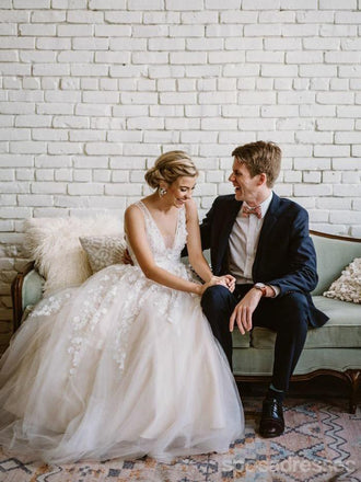 Champagne V Cuello Vestidos De Novia Baratos En Línea, Tulle A-line Vestidos De Bridal, WD436