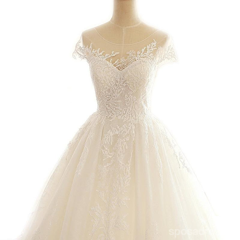 Scoop Cap Sleeve A-line Long Custom Cheap Wedding Bridal Dresses, WD297