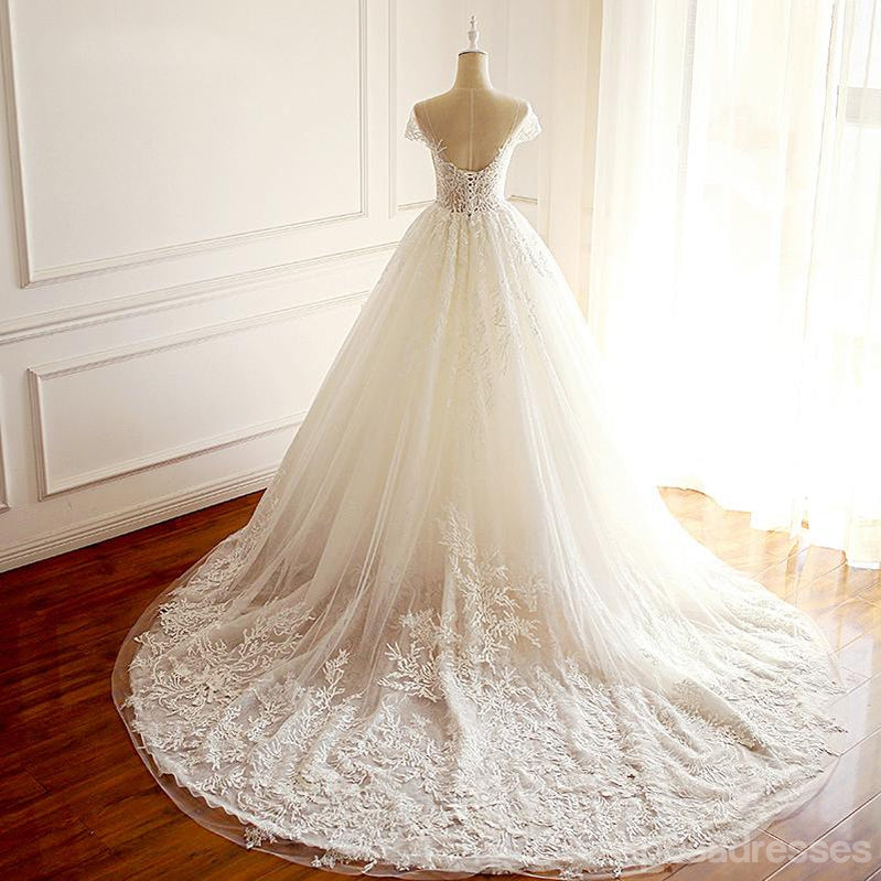 Scoop Cap Sleeve A-line Long Custom Cheap Wedding Bridal Dresses, WD297