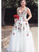 V λαιμό λευκό κέντημα μακρύ βράδυ prom φορέματα, φτηνά custom γλυκό 16 φορέματα, 18458