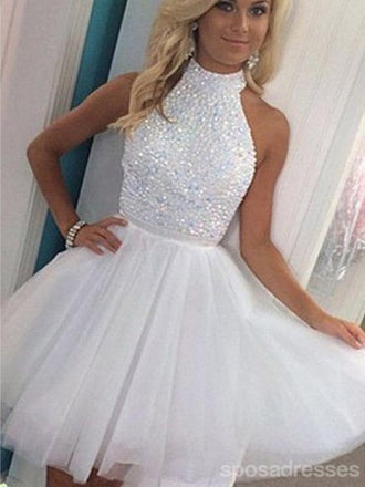 Halter Προκλητικός Ανοίξτε πίσω το Λευκό homecoming prom φορέματα, CM0005