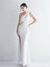 Sexy White Sheath One Shoulder High Slit Cheap Long Prom Dresses,13004