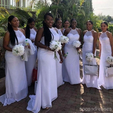 Simple White Mermaid Halter Cheap Long Bridesmaid Dresses,WG1420
