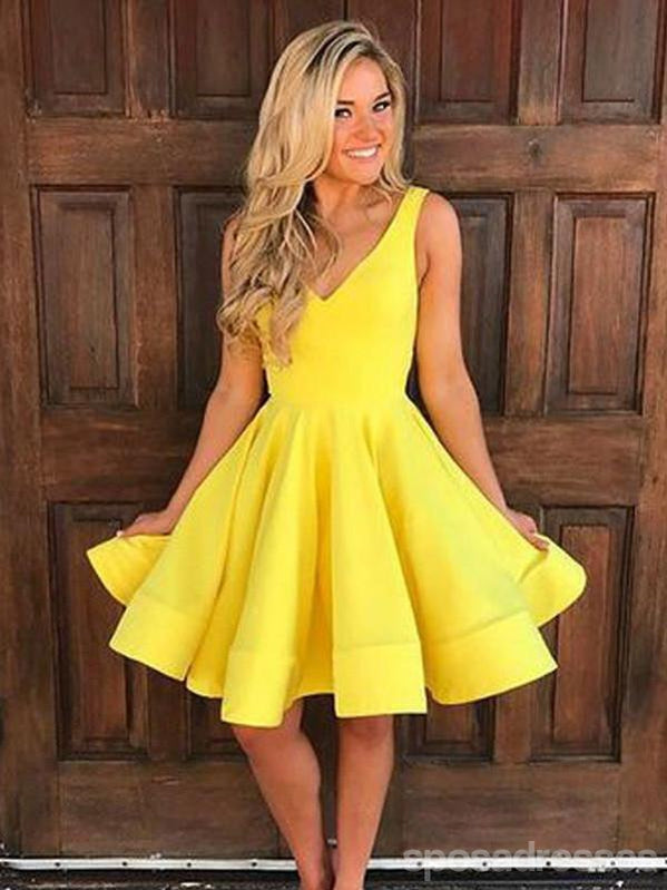 V Neck Pastel Yellow Short Homecoming Dresses Under 100, CM389