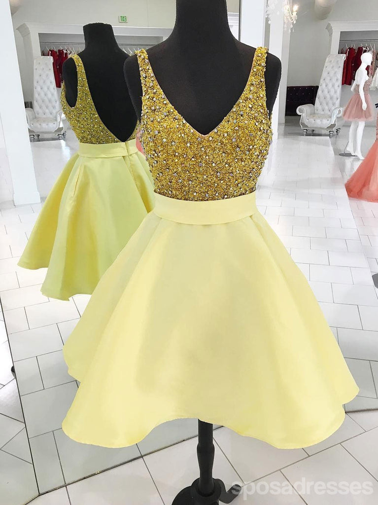 V Neck Yellow Beaded Backless Cheape Cure Simple Homecoming Dresses 2018, CM467