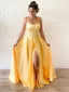 Απλά λουράκια σπαγγέτι Κίτρινη πλαϊνή σχισμή Φθηνά μακρά βραδινά φορέματα, βραδινά φορέματα, 12145